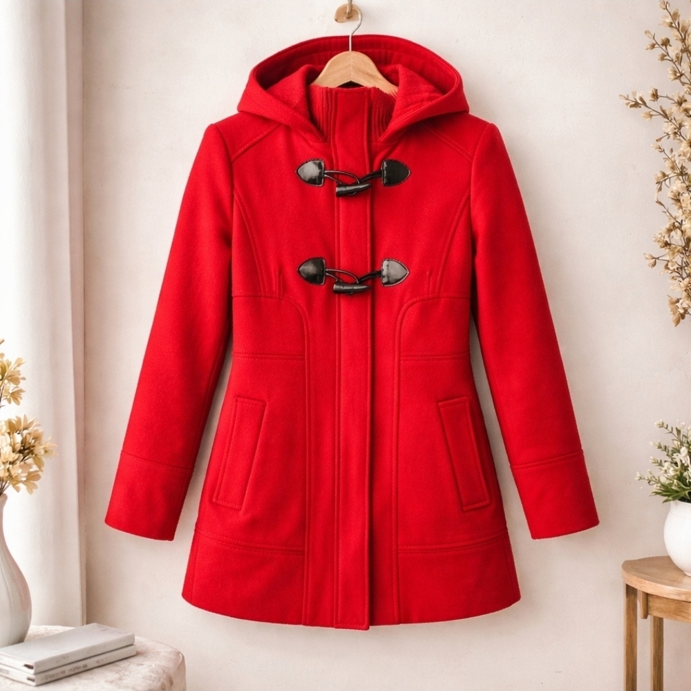 GUESS Red Wool Blend Hooded Toggle Duffle Coat Women's M